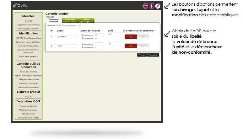 contrôle produit paramétrage analyses physiques 1